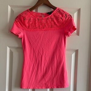 H&M Neon Pink Lace Yoke Short Sleeve Tee